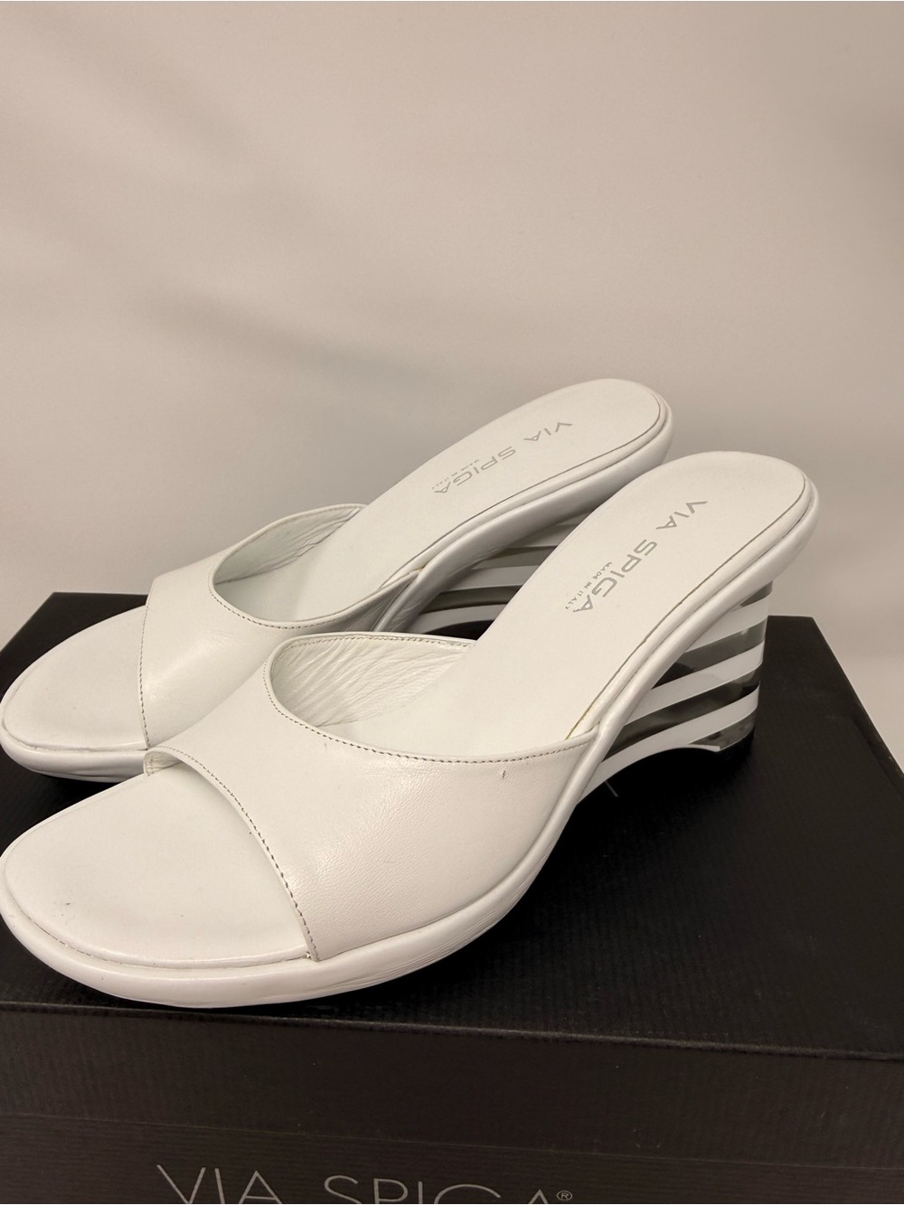Via Spiga White Open-Toe Wedge Slide Sandals with Striped Heel